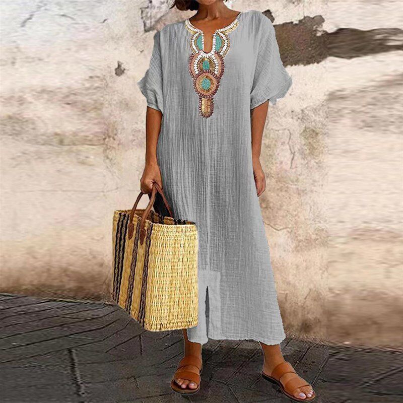 Cotton Linen Dress for Women  Casual Pullover Elegant Midi图片