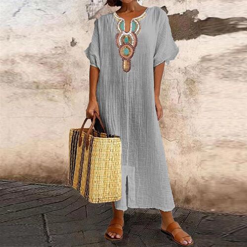 Cotton Linen Dress for Women  Casual Pullover Elegant Midi