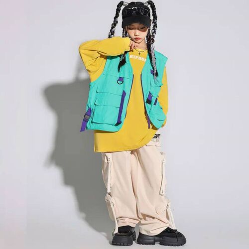 Kids Hip Hop Sreet Dance Costumes Green Vest Loose Cargo Pan