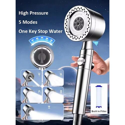 New 5 Mode Pressurized Shower Head With Filter Stop Button W