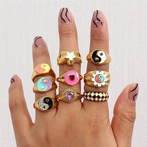 Water Resistant Stainless Steel Ring Flower Yingyang Grid He