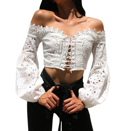 Women Off Shoulder Long Sleeve Jumper Hollow Out Lace Loose