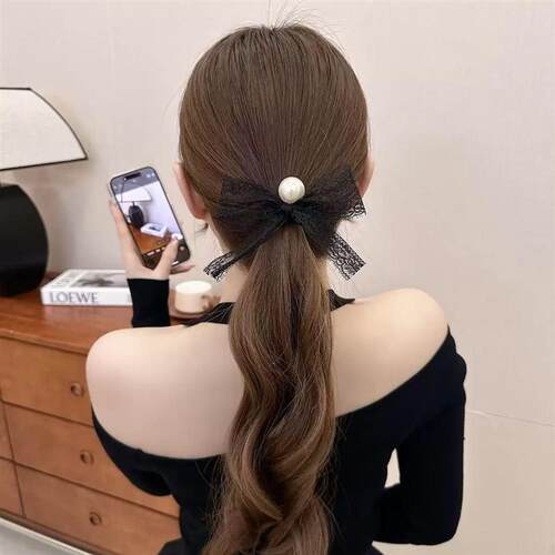 Black Bow Hair Accessory Satin Scrunchie Back-of-Head Hair B