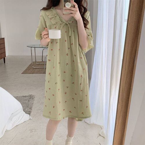 Bloemen Nachtjapon Nachtkleding Dames Strik Koreaanse Stijl