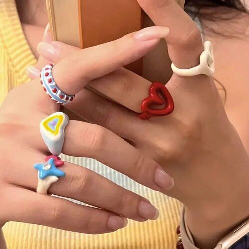 YK Colorful Enamel Heart Sweet Rings ndy Geometric Dripping