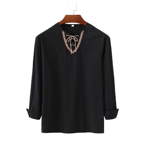 Loose Pure Color Drawstring Long Sleeve Shirt Mens Linen Col