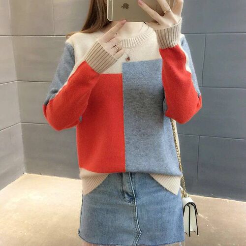 Women Color Block Pullover Sweater Autumn Winter New Fashion