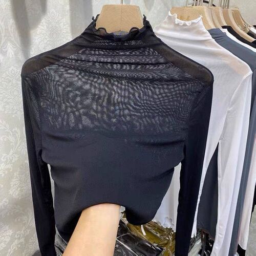 High neck mesh lace bottoming shirt womens autumn and winte