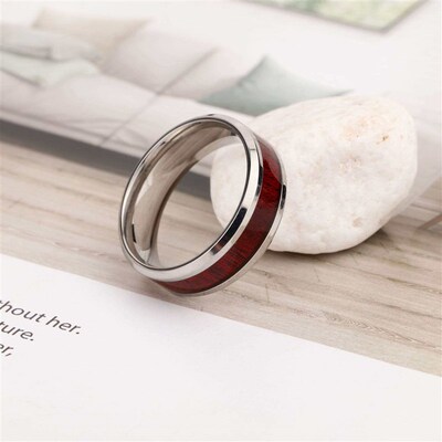 Titanium steel inlaid veneer ring wood grain mens ring jewe
