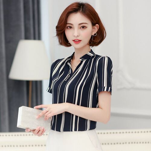 Short-sleeved Chiffon Blouse Women Summer V-collar Loose Fas