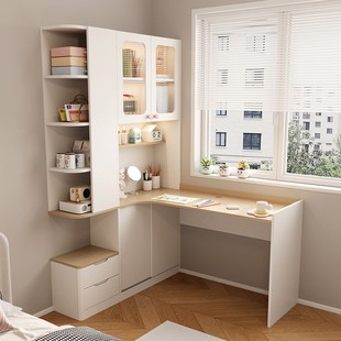 奶油风儿童学习桌家用卧室小户型转角书架书桌一体床头柜定制