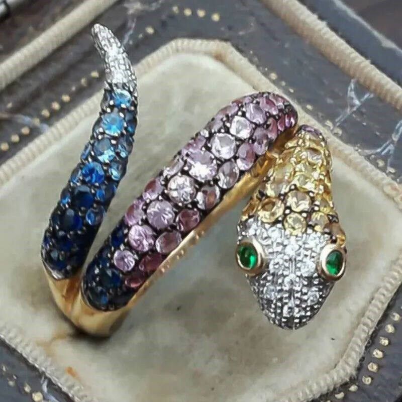 Luxury Rainbow Crystal Green Zircon Eyes Engagement Ring Pun