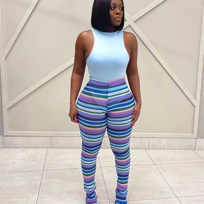 2023 Autumn Fashion Streetwear Rainbow Striped Knit Ribbed F