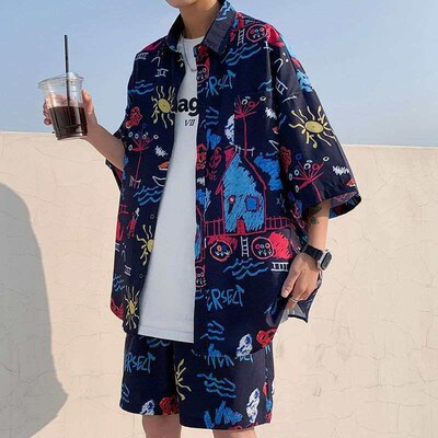 Casual Beach Suit Mens Summer Thin Loose Handsome Seaside C
