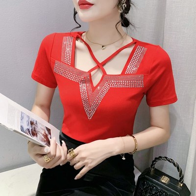 2023 Summer Mesh Tops Korean Fashion Cross Hollow out Shirt