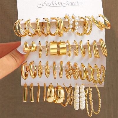 Gold Color Pearl Hoop Earrings Set Metal Dangle Earrings Vin