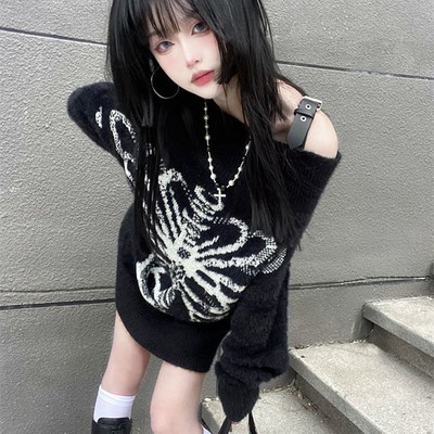 QWEEK Gothic Harajuku Skull Sweaters Womne Pullovers Y2k Got