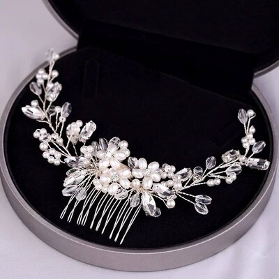 rendy Tiara Pearl Hair Comb Flower Bridal Hairpins Rhineston