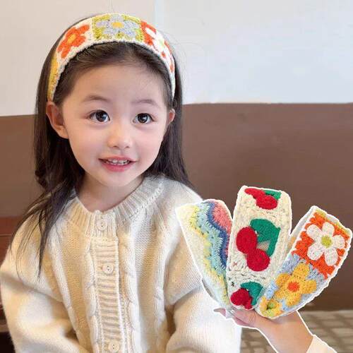 Sweet Flower Embroidery Kids Hair Hoops Colorful Knit Woolen