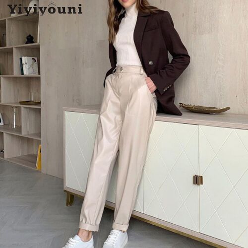 Yiyiyouni Autumn Winter High Waist Fleece PU Leather Pants W