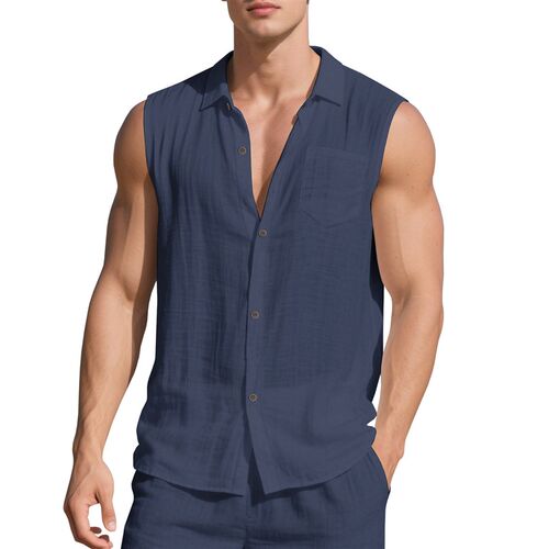 Summer New Mens Shirt Casual Sleeveless Linen Beach Shirt