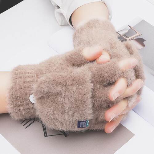 Plush gloves for women to keep warm in winter, open finger