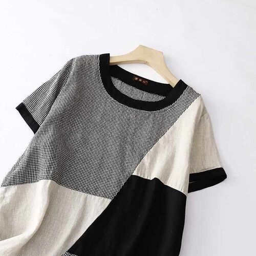 Real Shot 2025 Design Linen ntrast lor Stitching Slim Dress