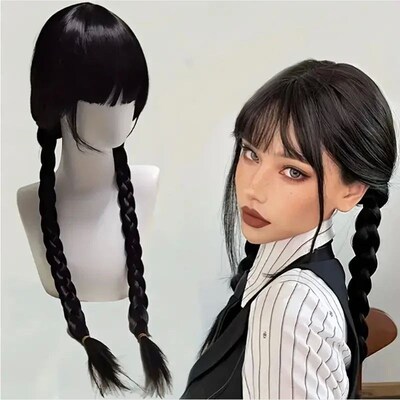 wednesday Cosplay Wigs Black Double Twist Braid Wigs Synthet