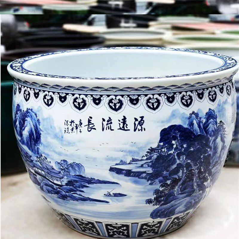 陶瓷养鱼特大缸青花手绘山水盆睡莲荷花锦鲤庭院1米种树水缸门海