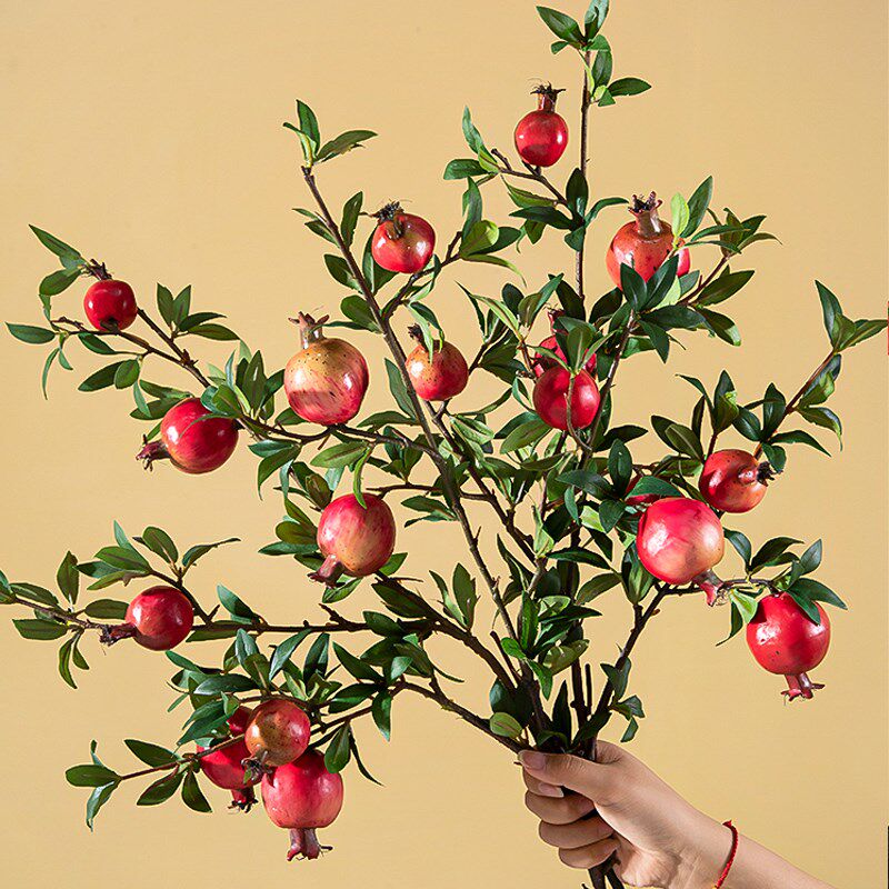 中式石榴仿真花干花果树枝家居客厅果实装饰摆件假花柿子玄关插花