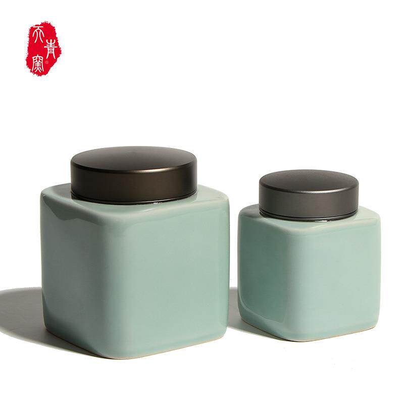 青窑方形泉陶瓷茶叶罐天龙青金属盖枪灰盖方密封罐通用型茶瓷叶盒