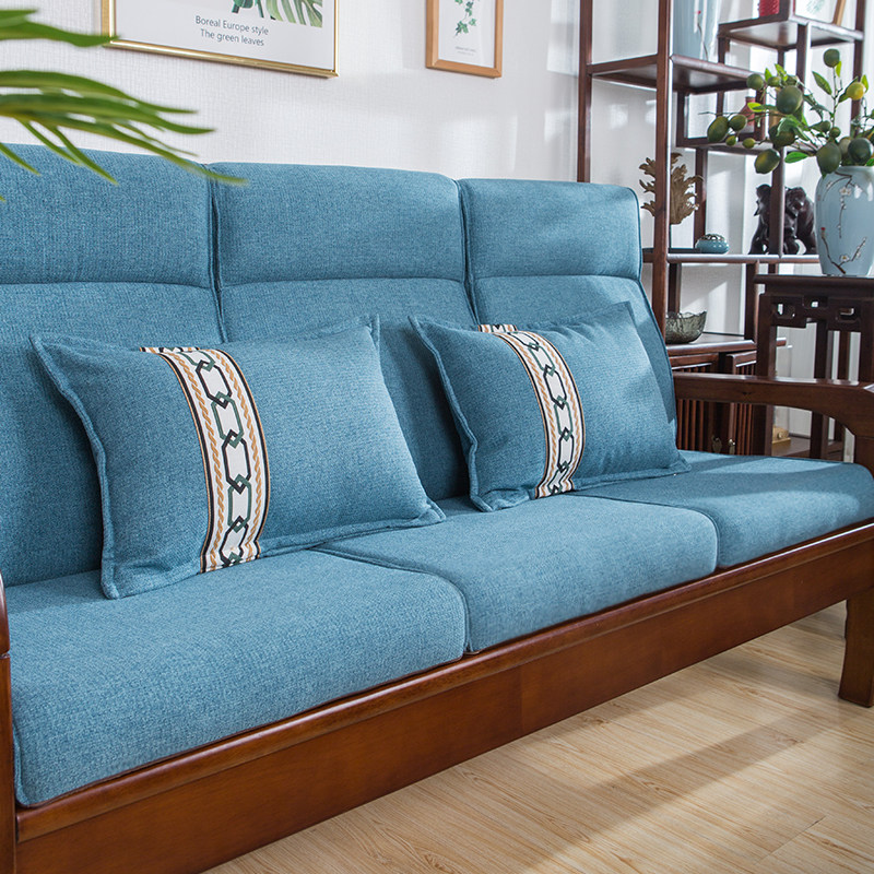 虎啸新款麻布木沙发坐垫带靠背实木沙发垫子春秋椅垫加厚防滑可拆