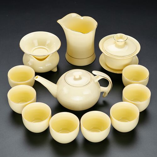 描金宝石黄功夫茶具三才盖碗茶杯整套泡茶器中式纯色茶壶套装家用