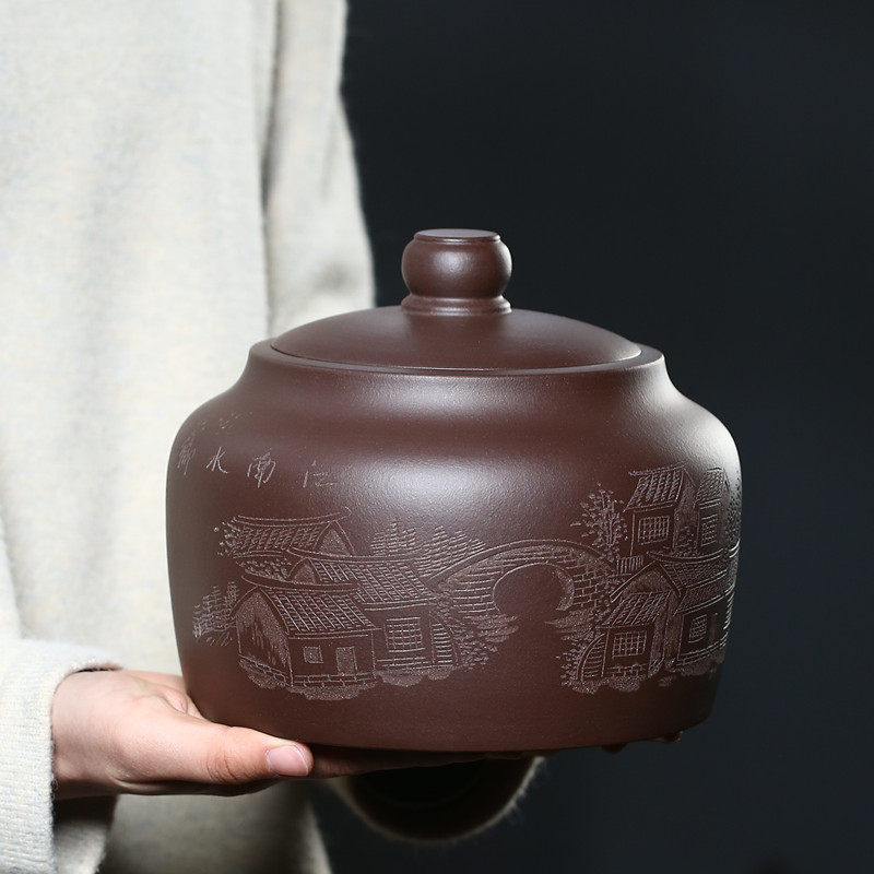 宜兴原矿紫砂手工茶叶罐小号一斤装普洱散茶存储密封醒茶储存陶罐