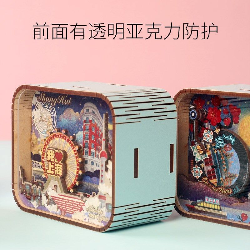 重庆哈尔滨城市上链发音乐盒木质发条儿童迷你小八音盒可旋转女孩