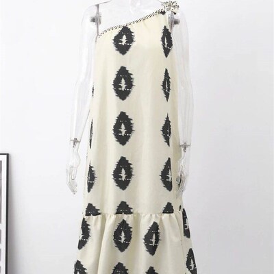 Elegant Print One-Shoulder Strap Womens Dress Loose Sleevel