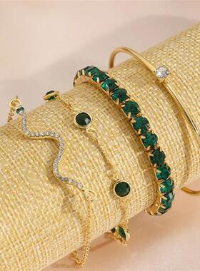 4Pcs/Set Fashion Snake Green Gemstone Bangle Rhinestone Full