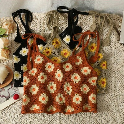Floral Embroidery Sleeveless Crochet Top for Women Lace-up S