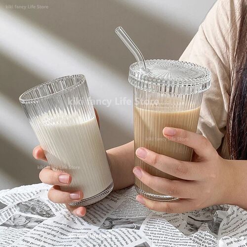 375Ml Simple Stripe Glass Cup With Lid and Straw Transparent