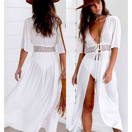 S-3XL Plus Size Women Beach Dress Solid Black White Lace Bea