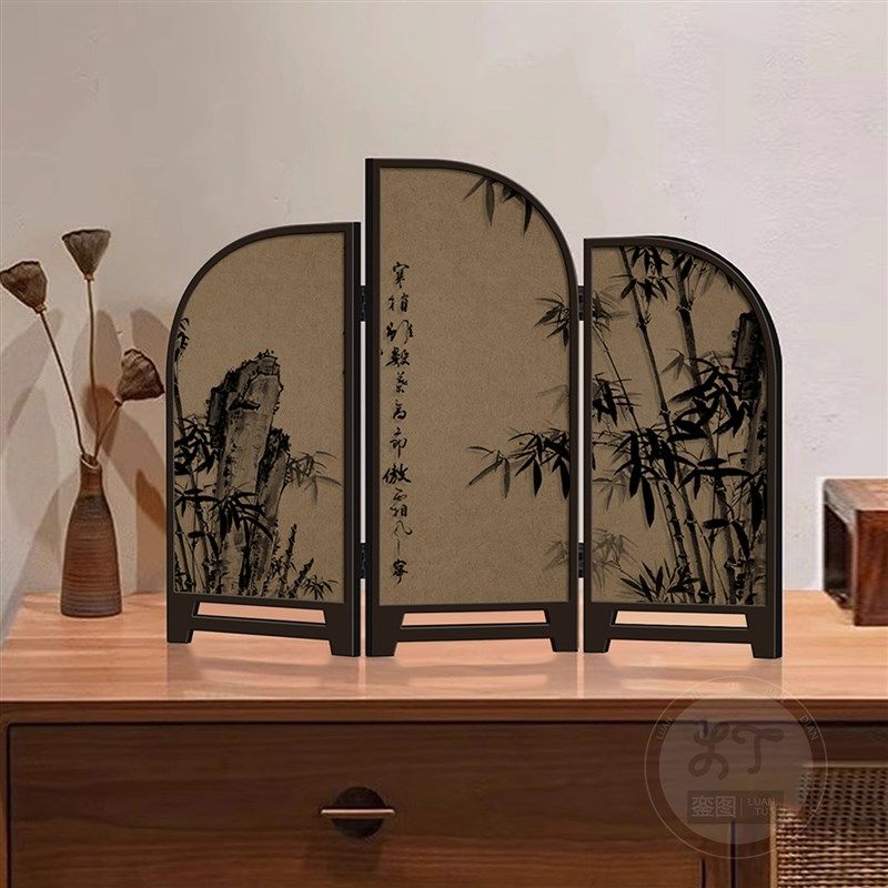 复古电视柜摆件中式墨竹茶室桌面玄关柜边柜装饰可折叠屏风小摆件,家居饰品,装饰摆件,淘宝优惠券,粉丝福利购,淘宝优惠卷