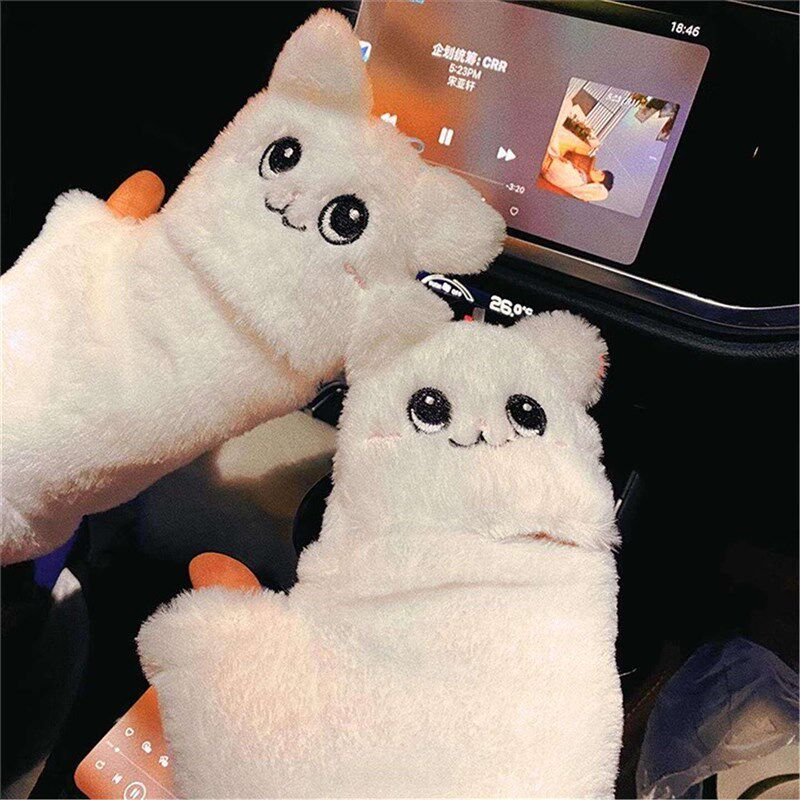 工厂好物猫咪毛绒手套可爱半指翻盖保暖加厚学生键盘手套冬季户外