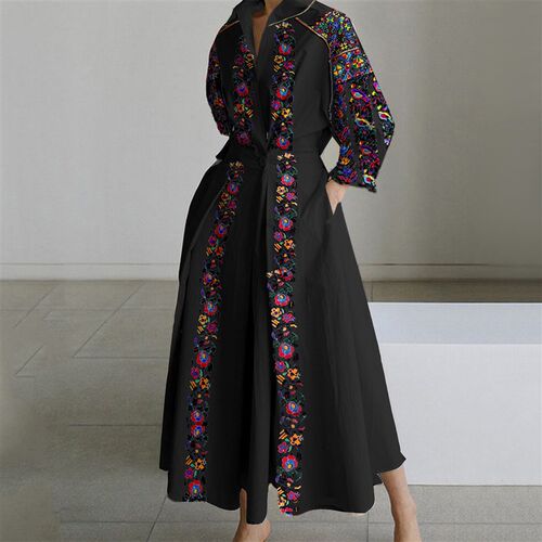 Elegant Ethnic Style Long Shirt Dress Lapel Flower Print