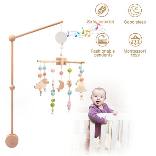 3pcs Baby Crib Mobile Rattle Toys With Music Box Wooden Bed