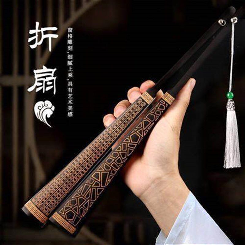 2023年新款中国风空白宣纸扇子古风折扇绢布男士窗格雕刻头青竹骨