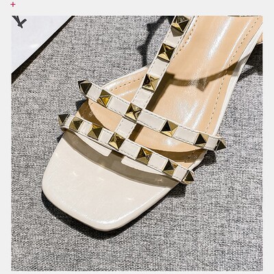 2023 Summer low heel women rivets sandals thin ribbon fashio