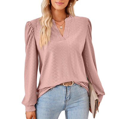 Women Long Sleeve V-neck Jacquard Splice Solid Loose