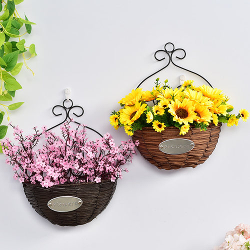 壁挂式藤编花篮挂墙田园风客厅卧室墙面墙上装饰铁艺绿植花盆挂件