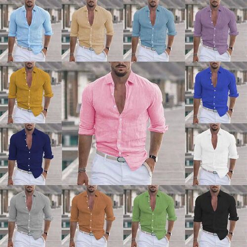 Blouse men new summer cotton linen lapel beach shirt turn do