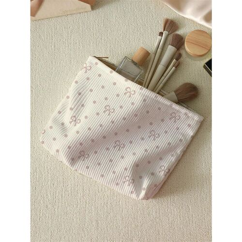 1pc,Pink bow patterned corduroy zipper makeup bag, lightwei